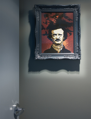 w boston full mural of edgar allan poe from the shoulders up, with ravens flying from his hair in a red splotched background