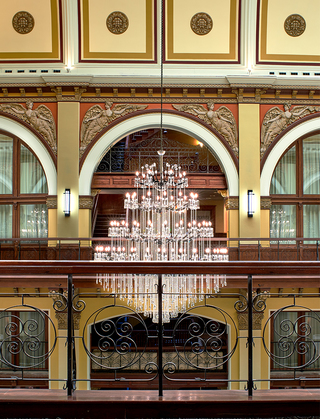 union station nashville view from the second floor of a chandelier hanging above the lobby