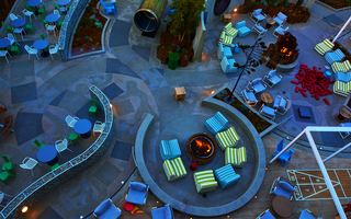 hotel zephyr overhead view of the outdoor maze of games, firepits, and seating