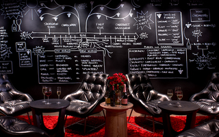 hotel vintage portland notes and drawings related to wine are written in white on a black wall in the back of black button tufted leather chairs and accent tables