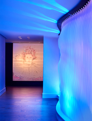lizzie starlight hallway featuring a large mural of Queen Elizabeth with lights shining warm hues on the canvas and to the right of the mural is a sculptural wall illuminating purple and blue colors in the room