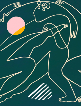 hotel zena close up of Rose Jaffe's mural displaying abstract figures holding each other hand in hand