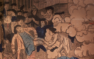 revere hotel close up of the chaos and death of citizens during one of the revolutionary war battles that's displayed on the wall in the bar